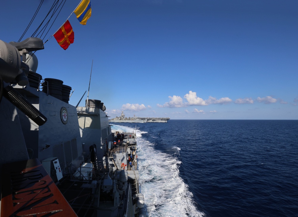 Carrier Strike Group (CSG) 12, USS Gerald R. Ford (CVN 78), USS Roosevelt (DDG 80) Participate in Replenishment-at-Sea in the Alboran Sea