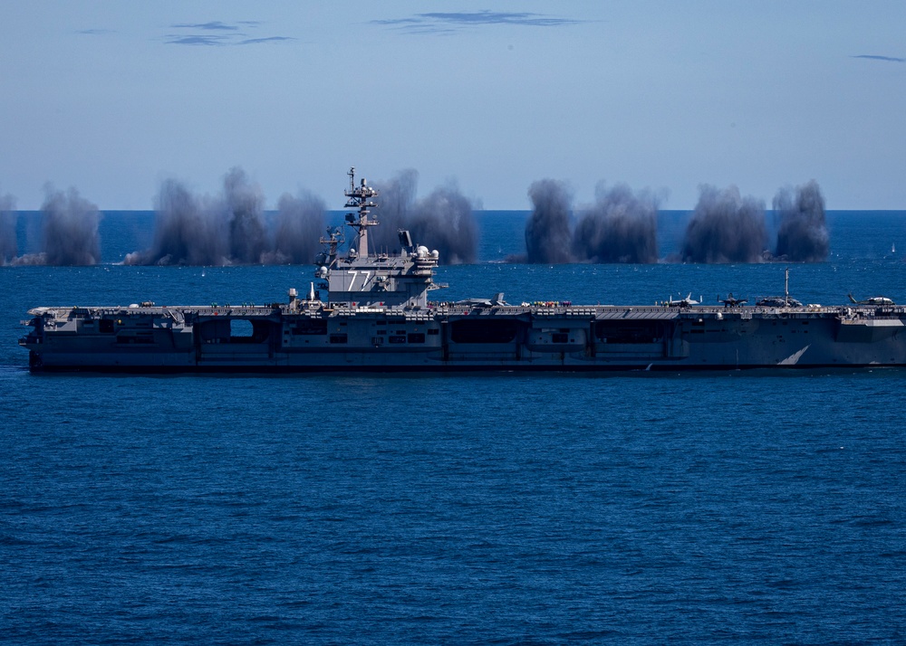 USS George H.W. Bush hosts President Donald J. Trump and First Lady Melania Trump during the Titans of the Sea Presidential Review celebrating the Navy’s 250th birthday.