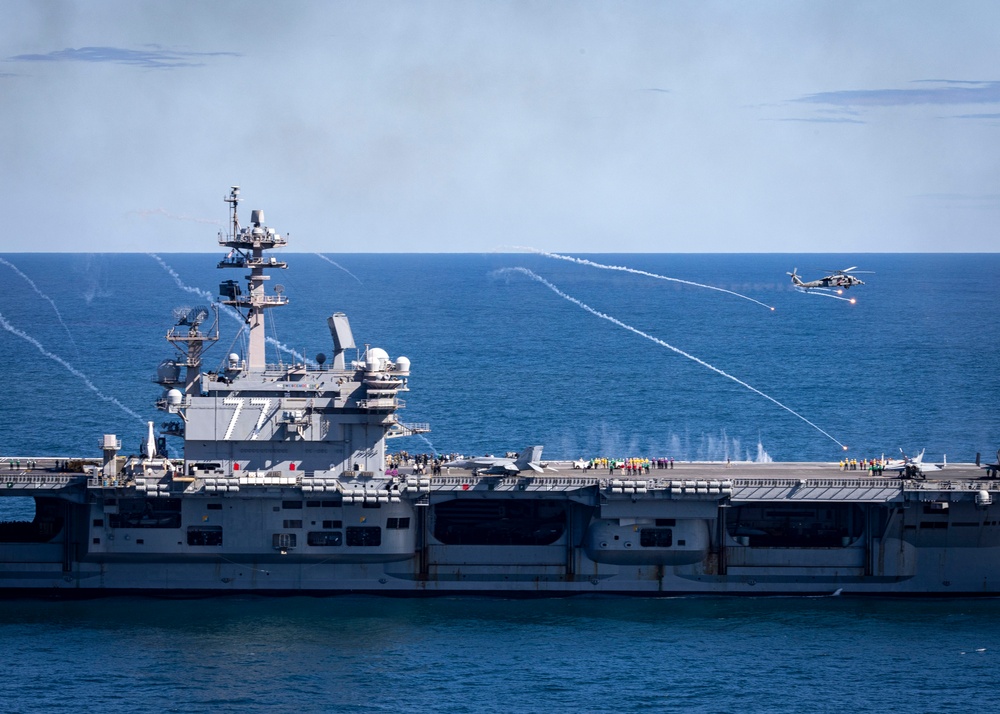 USS George H.W. Bush hosts President Donald J. Trump and First Lady Melania Trump during the Titans of the Sea Presidential Review celebrating the Navy’s 250th birthday.