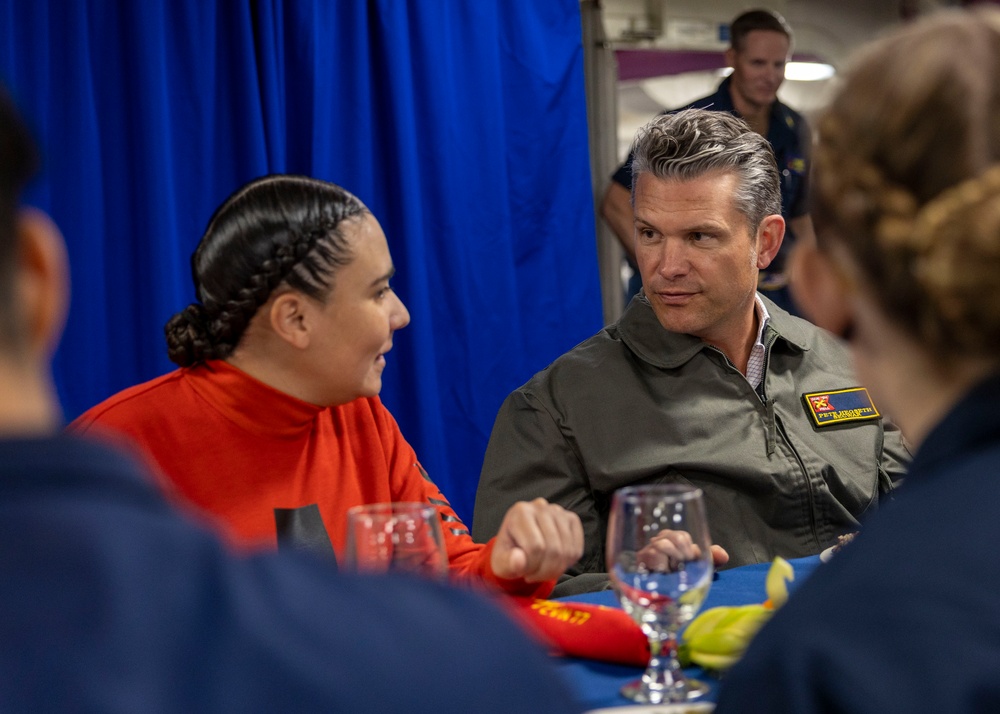 USS George H.W. Bush hosts Secretary of War Pete Hegseth and Secretary of the Navy John Phelan during the Titans of the Sea Presidential Review celebrating the Navy’s 250th birthday.