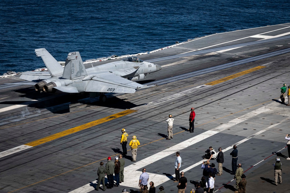 USS George H.W. Bush hosts President Donald J. Trump and First Lady Melania Trump during the Titans of the Sea Presidential Review celebrating the Navy’s 250th birthday.