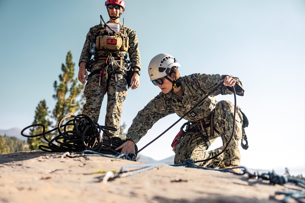 U.S. service members and German soldiers conduct repelling exercises during Mountain Medicine 3-25