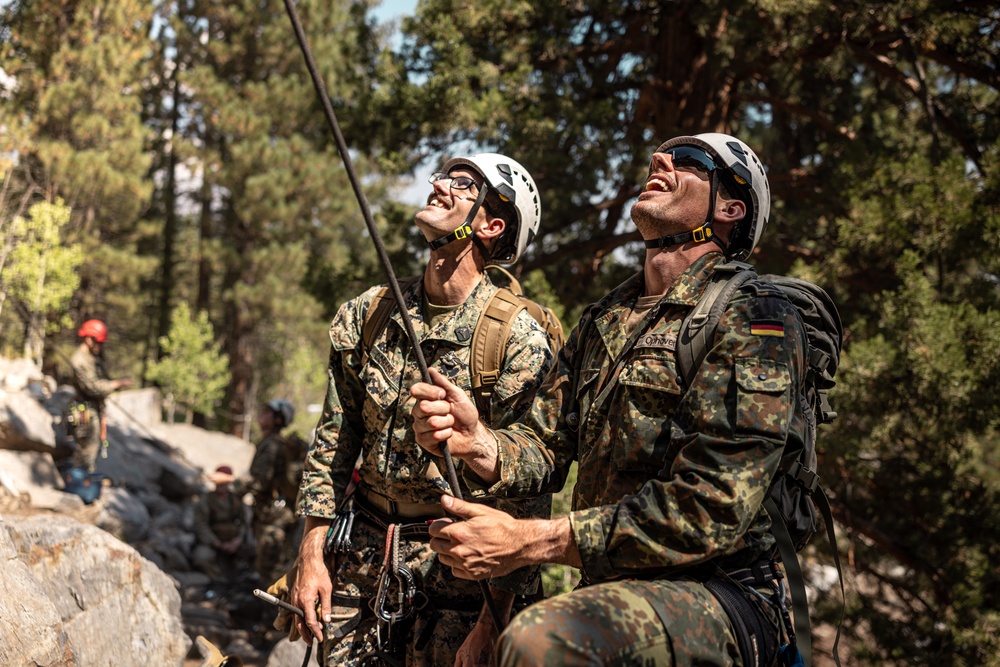 U.S. service members and German soldiers conduct repelling exercises during Mountain Medicine 3-25