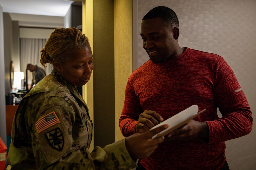Mississippi National Guard Soldiers verify information for laundry bags during Washington, D.C. mission