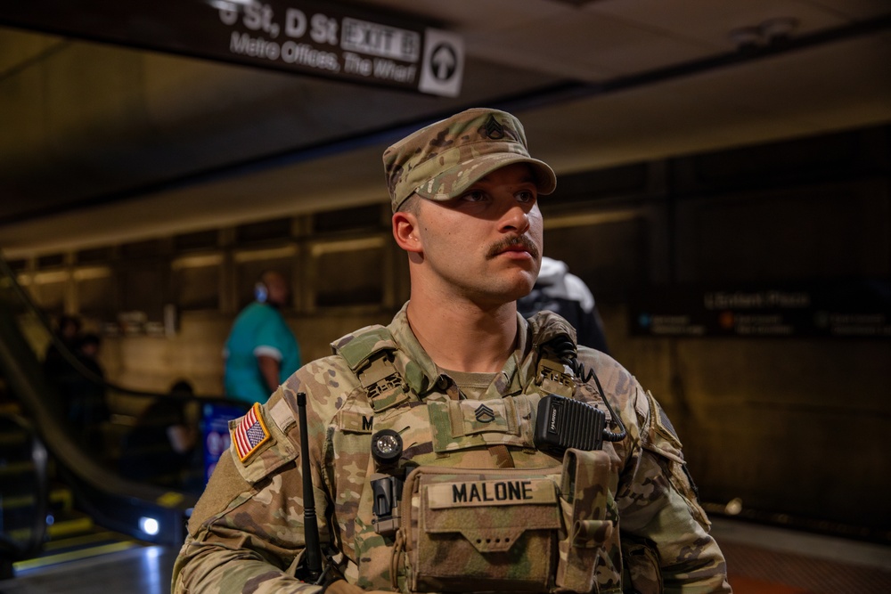 A Mississippi National Guard Soldier patrols the Washington Metro