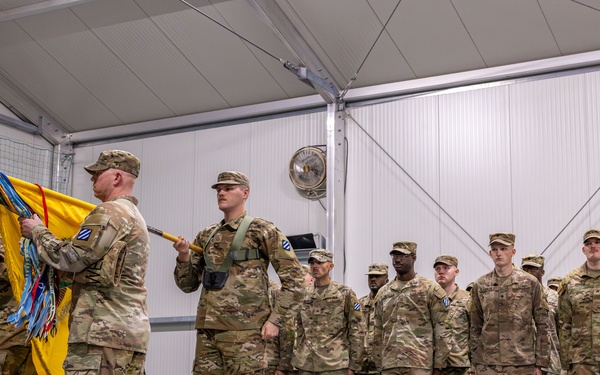 U.S. Army Soldiers conduct a color casing ceremony during a transfer of authority ceremony in Lithuania