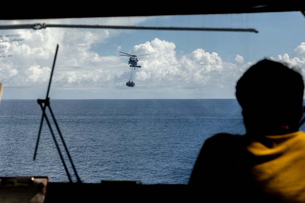 USS Iwo Jima (LHD 7) Conducts A Vertical Replishment-At-Sea with USNS Joshua Humphreys (T-AO-188)