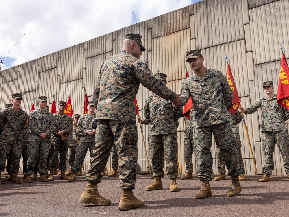 MRF-D 25.3: U.S. Marines participate in MAGTF group photo and coining ceremony
