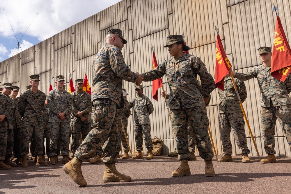 MRF-D 25.3: U.S. Marines participate in MAGTF group photo and coining ceremony