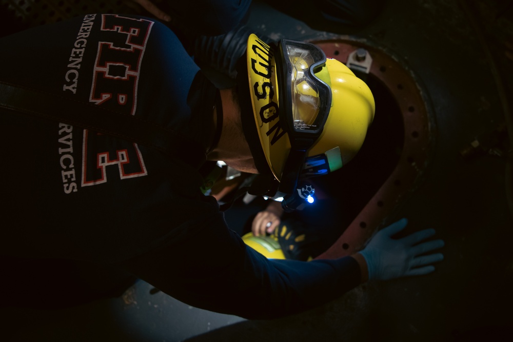USS Ronald Reagan Calls a Drill for Emergency Rescue, Naval Firefighters Respond