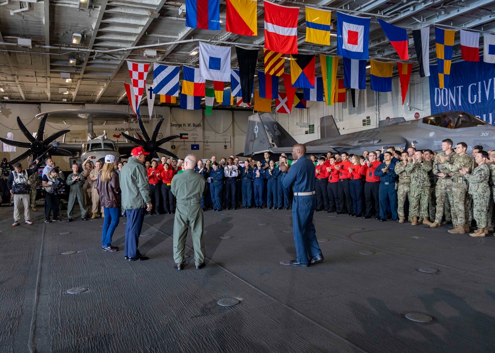 USS George H.W. Bush hosts President Donald J. Trump and First Lady Melania Trump during the Titans of the Sea Presidential Review celebrating the Navy’s 250th birthday. USS George H.W. Bush hosts President Donald J. Trump and First Lady Melania Trump during the Titans of the Sea Presidential Review celebrating the Navy’s 250th birthday.