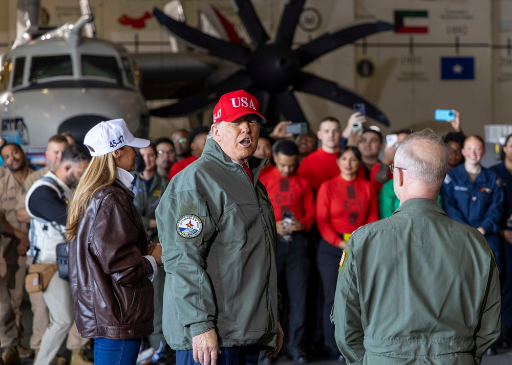 USS George H.W. Bush hosts President Donald J. Trump and First Lady Melania Trump during the Titans of the Sea Presidential Review celebrating the Navy’s 250th birthday. USS George H.W. Bush hosts President Donald J. Trump and First Lady Melania Trump during the Titans of the Sea Presidential Review celebrating the Navy’s 250th birthday.