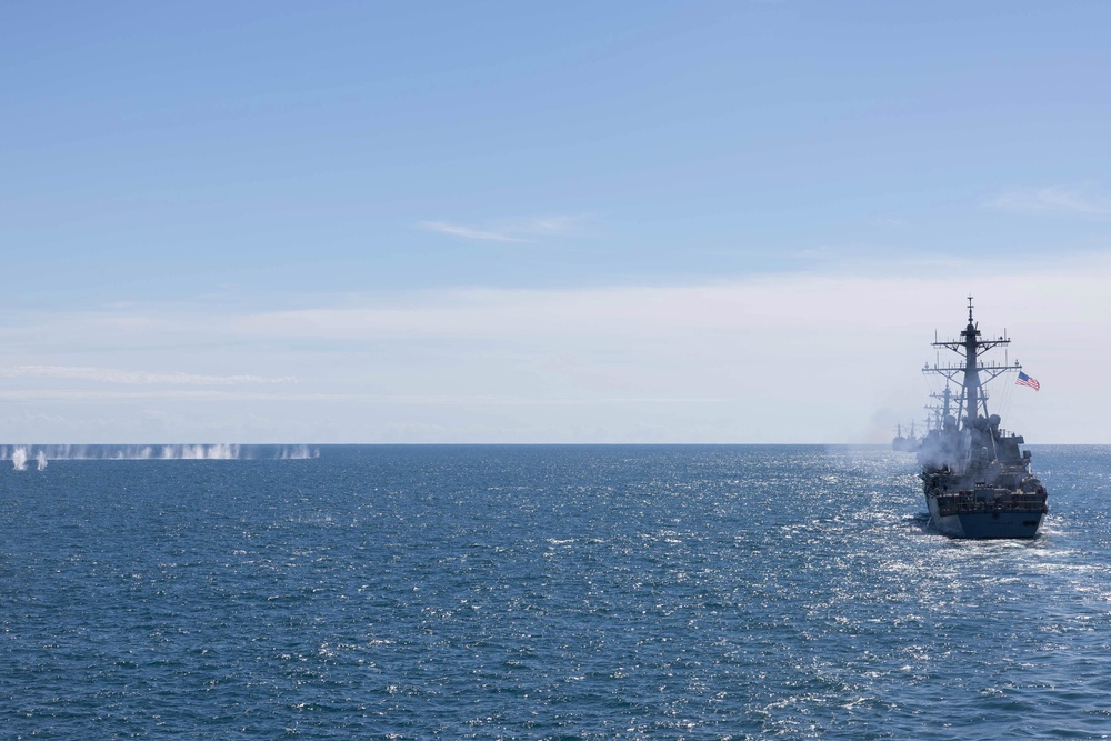 USS Cole participates in the Titans of the Sea Presidential Review celebrating the Navy’s 250th birthday.