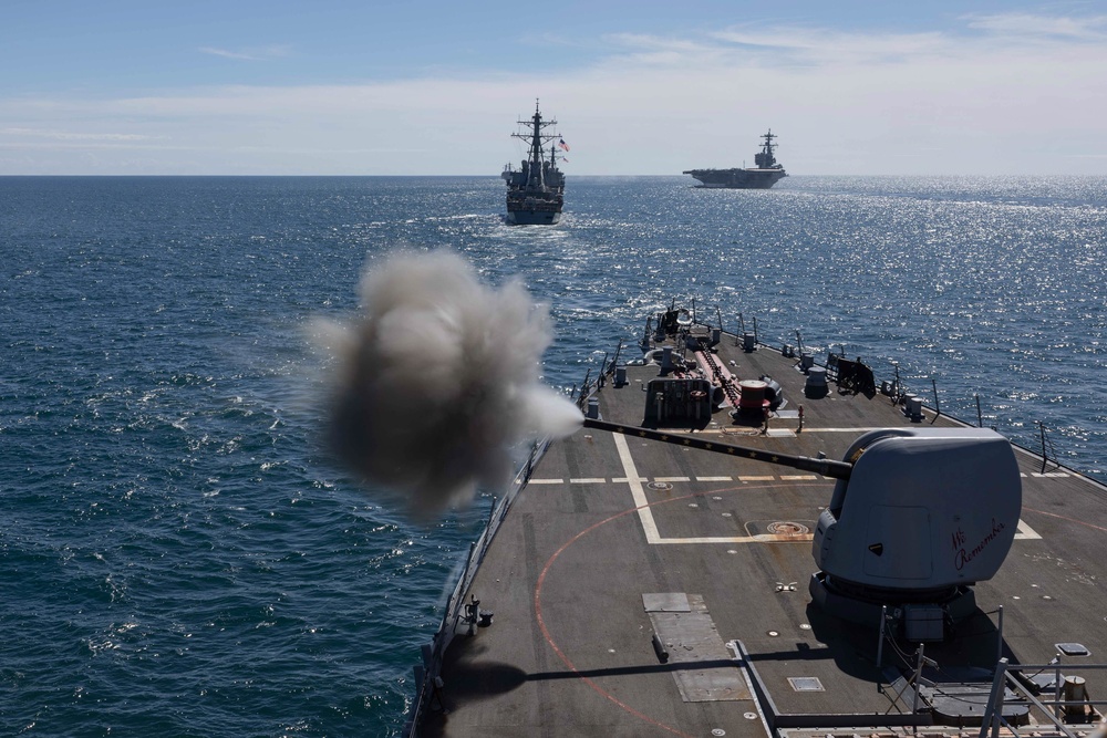 USS Cole participates in the Titans of the Sea Presidential Review celebrating the Navy’s 250th birthday.