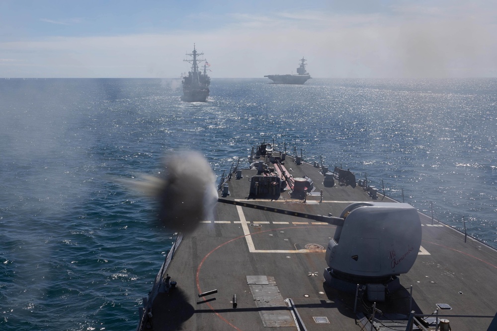 USS Cole participates in the Titans of the Sea Presidential Review celebrating the Navy’s 250th birthday.