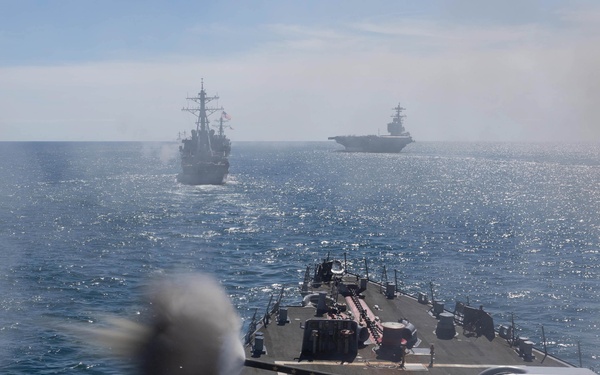 USS Cole participates in the Titans of the Sea Presidential Review celebrating the Navy’s 250th birthday.