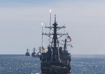 USS Cole participates in the Titans of the Sea Presidential Review celebrating the Navy’s 250th birthday.