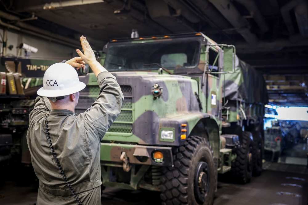 U.S. Marines Move Vehicles Aboard USS Iwo Jima
