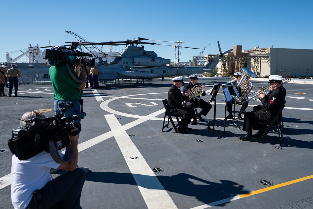 U.S. Navy Band performs for media touring USS Arlington