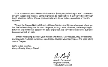 Brig. Gen. Alan R. Gronewold Letter to the Forces