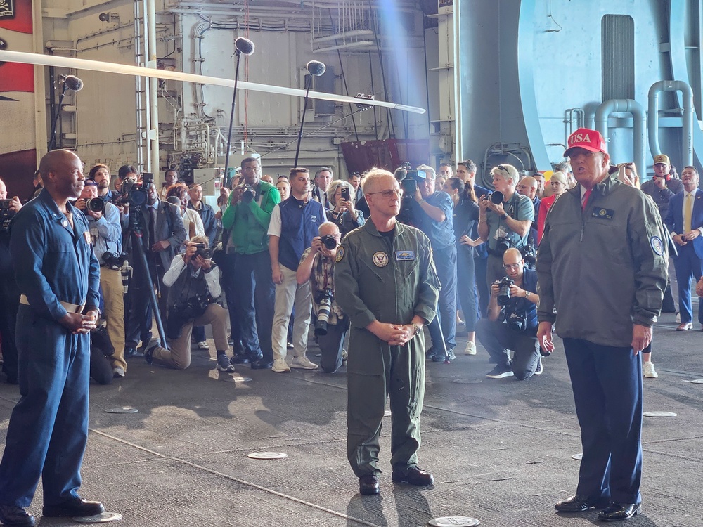 USS George H.W. Bush hosts Secretary of War Pete Hegseth and Secretary of the Navy  John Phelan during the Titans of the Sea Presidential Review celebrating the Navy's 250th birthday.