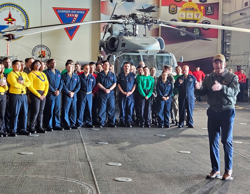USS George H.W. Bush hosts Secretary of War Pete Hegseth and Secretary of the Navy  John Phelan during the Titans of the Sea Presidential Review celebrating the Navy's 250th birthday.