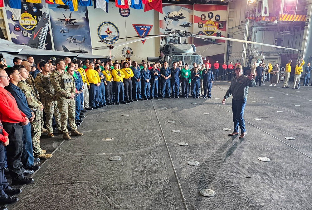 USS George H.W. Bush hosts Secretary of War Pete Hegseth and Secretary of the Navy  John Phelan during the Titans of the Sea Presidential Review celebrating the Navy's 250th birthday.