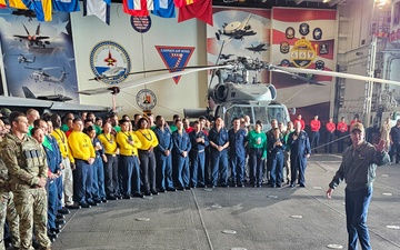 USS George H.W. Bush hosts Secretary of War Pete Hegseth and Secretary of the Navy  John Phelan during the Titans of the Sea Presidential Review celebrating the Navy's 250th birthday.