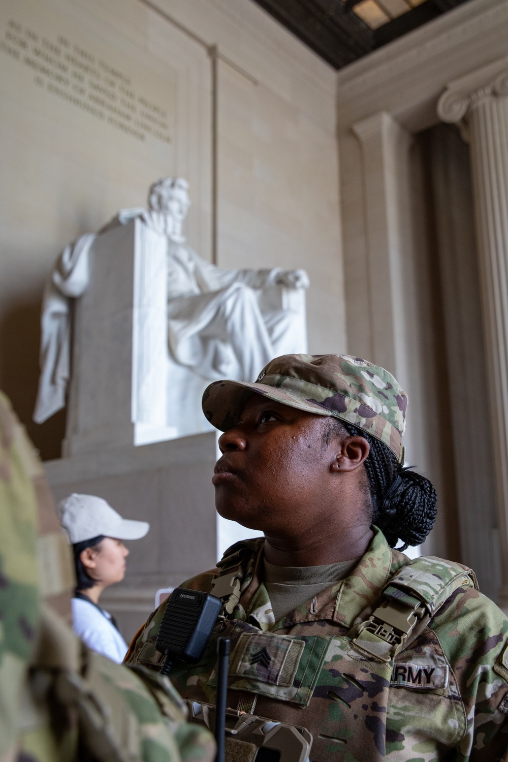 A Mississippi Army National Guard Soldier on patrol at the Lincoln Memorial