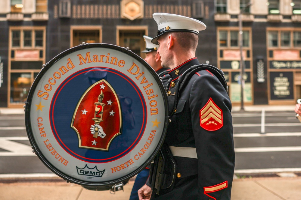 NMC 250 Philadelphia: 2nd Marine Division Band Perform During Navy and Marine Corps 250 parade