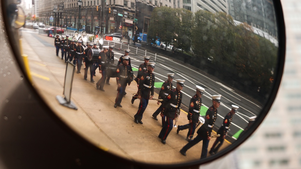 NMC 250 Philadelphia: 2nd Marine Division Band Perform During Navy and Marine Corps 250 parade