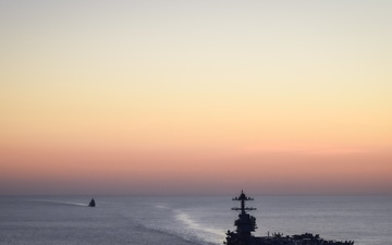 Italian Navy Offshore Patrol Vessel ITS Paolo Thaon di Revel (P430) Sails with USS Gerald R. Ford (CVN 78)