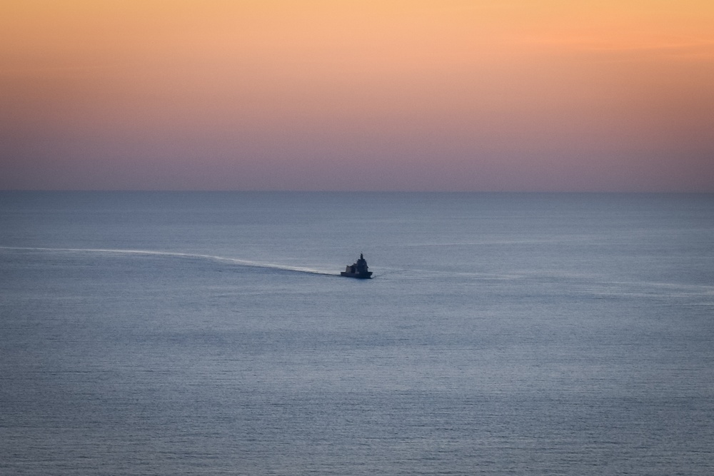 Italian Navy Offshore Patrol Vessel ITS Paolo Thaon di Revel (P430) Sails with USS Gerald R. Ford (CVN 78)