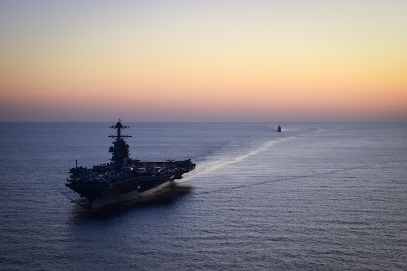 Italian Navy Offshore Patrol Vessel ITS Paolo Thaon di Revel (P430) Sails with USS Gerald R. Ford (CVN 78)