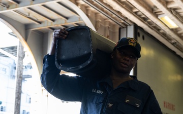 USS America (LHA 6) Conducts Stores Onload in the Hangar Bay
