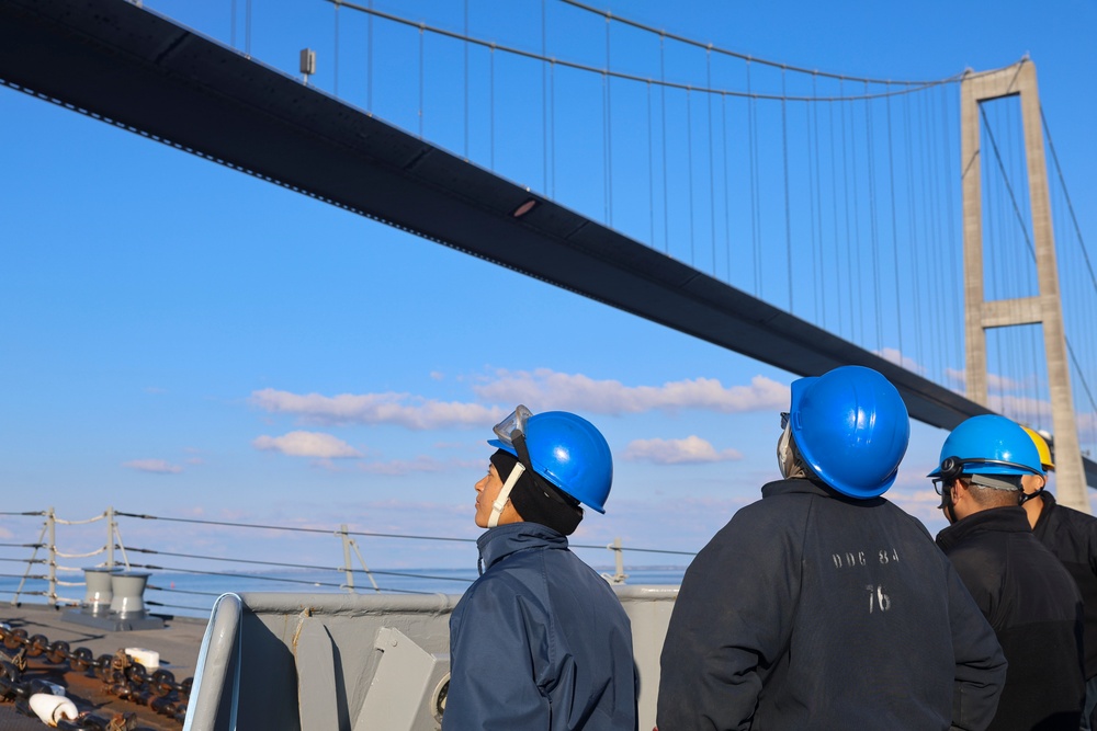 USS Bulkeley (DDG 84) Sailors transit under the Storebaeltsbroen “Great Belt Bridge&quot;