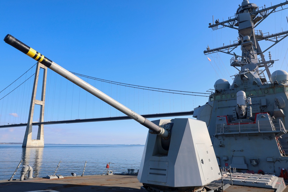 USS Bulkeley (DDG 84), transits under the Storebaeltsbroen “Great Belt Bridge&quot;