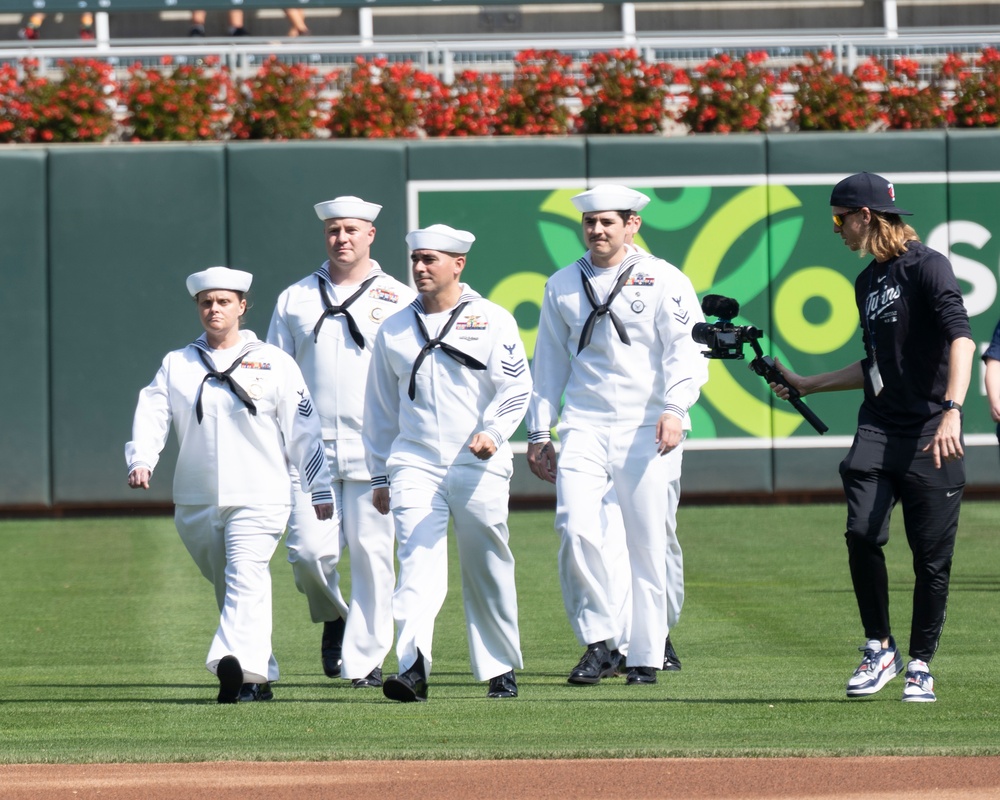 Sailors are recognized during the Minnesota Twins' Armed Forces Appreciation Day