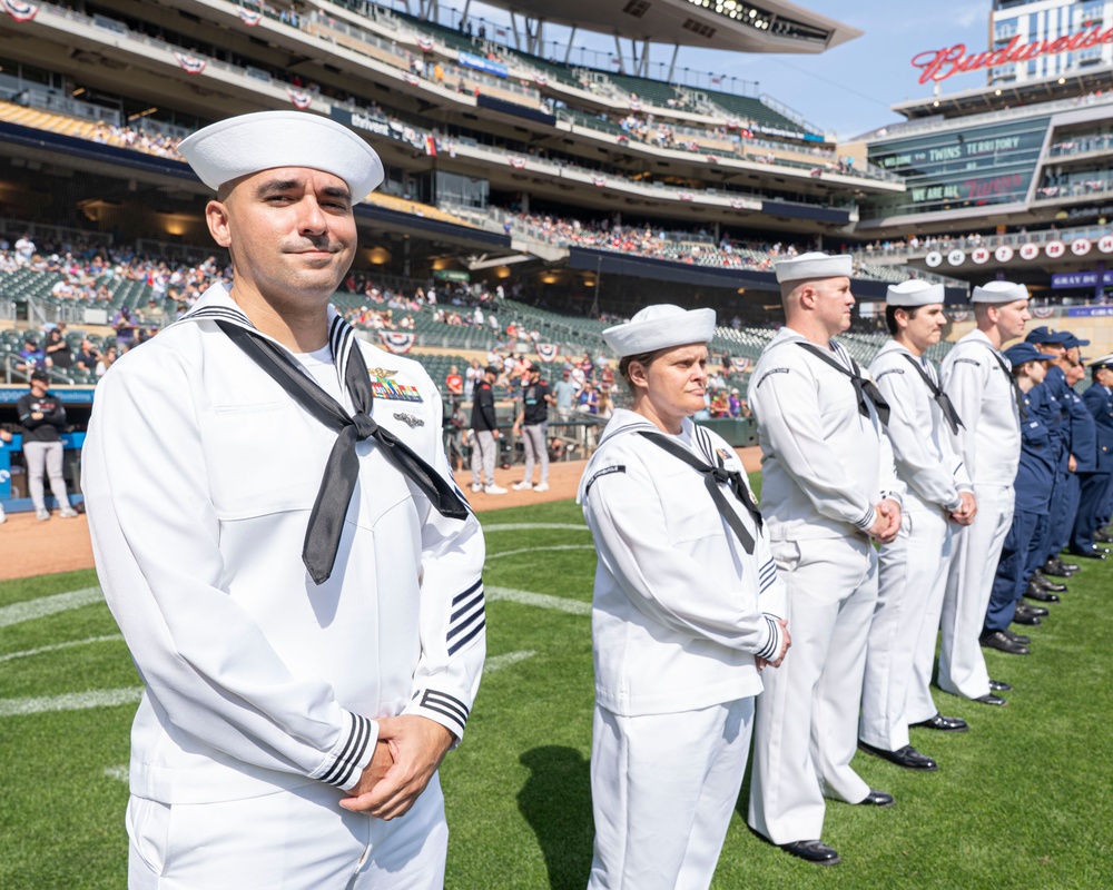 Sailors are recognized during the Minnesota Twins Armed Forces Appreciation Day