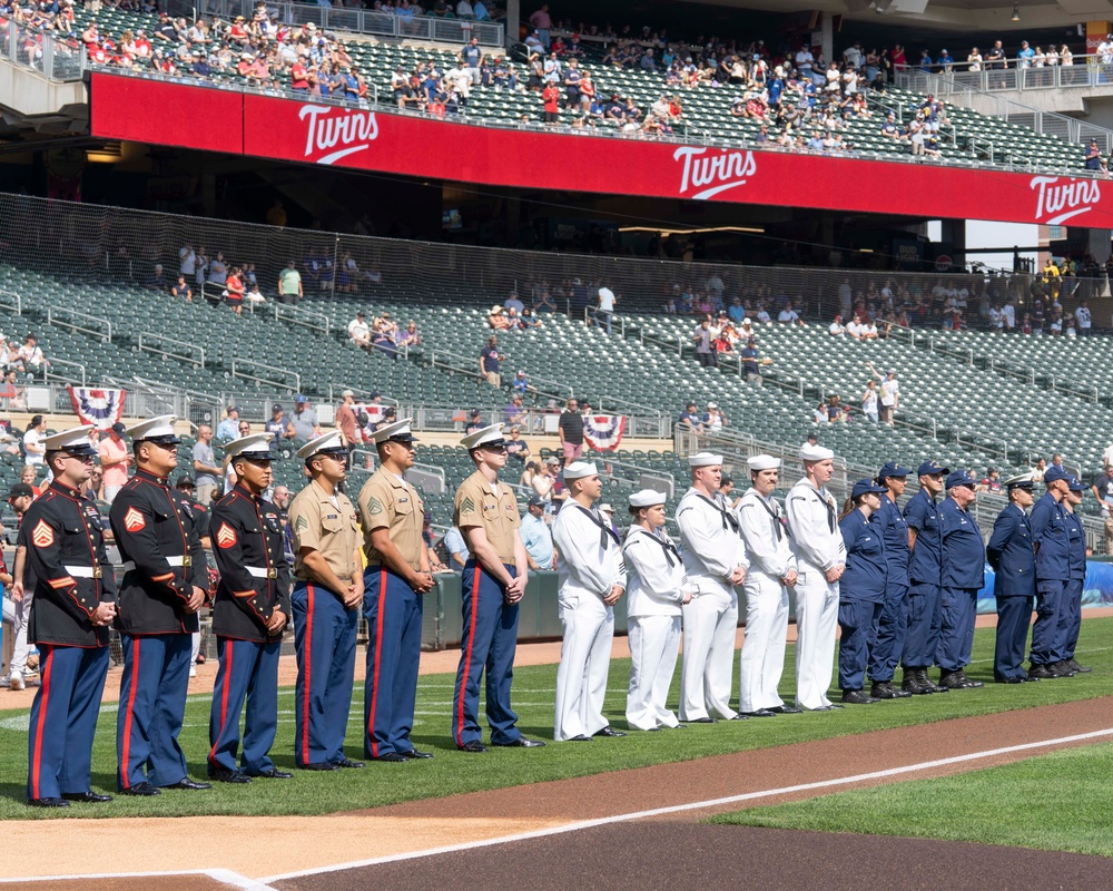 Sailors are recognized during the Minnesota Twins Armed Forces Appreciation Day