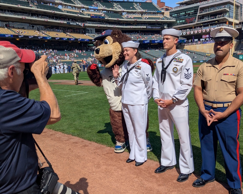 Sailors are recognized during the Minnesota Twins Armed Forces Appreciation Day