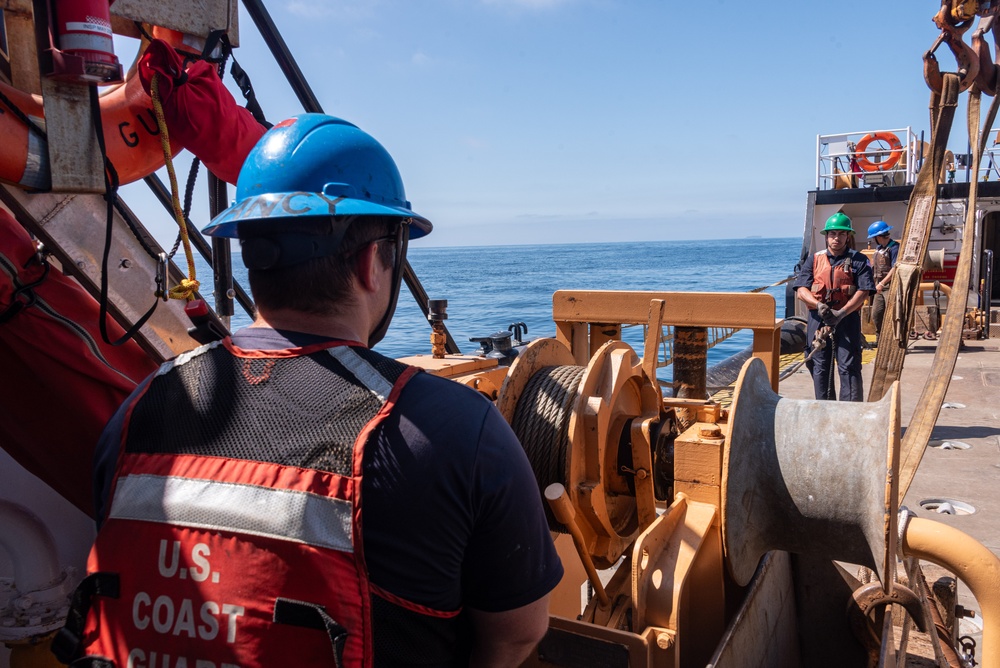 U.S. Coast Guard Buoy Tender George Cobb completes buoy swap operation off the coast of San Pedro, California.