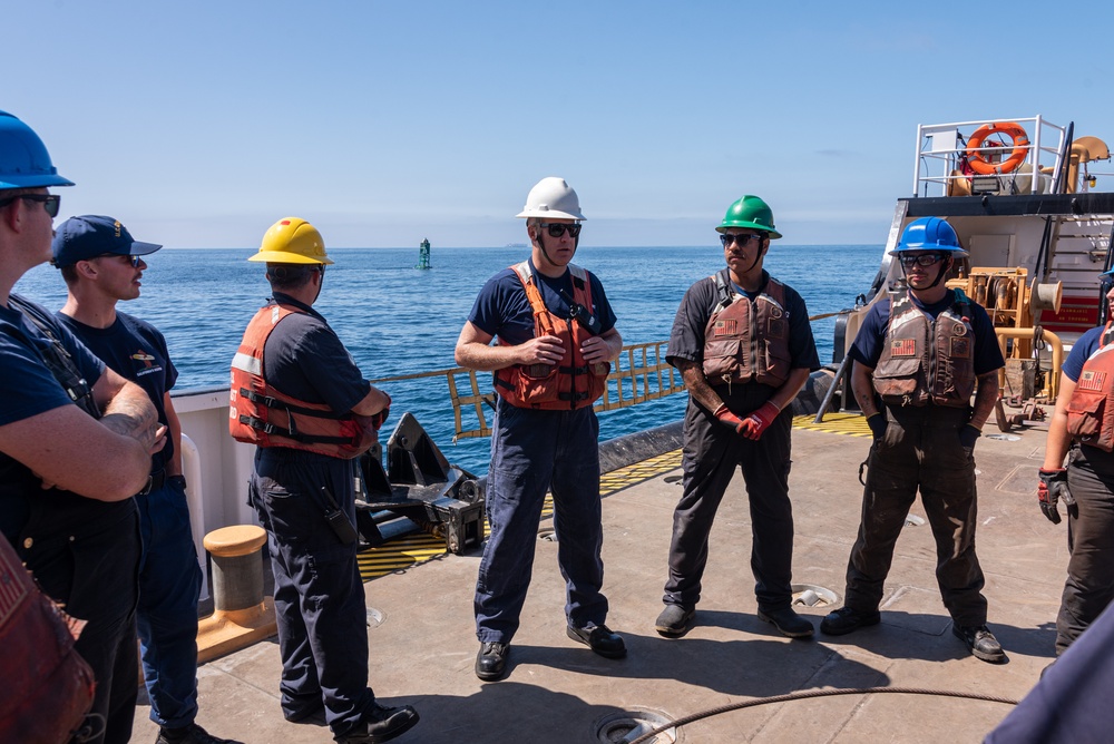 U.S. Coast Guard Buoy Tender George Cobb completes buoy swap operation off the coast of San Pedro, California.