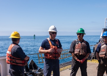 U.S. Coast Guard Buoy Tender George Cobb completes buoy swap operation off the coast of San Pedro, California.