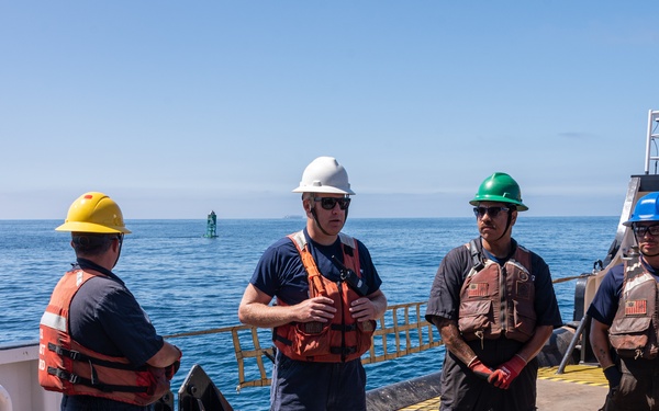 U.S. Coast Guard Buoy Tender George Cobb completes buoy swap operation off the coast of San Pedro, California.
