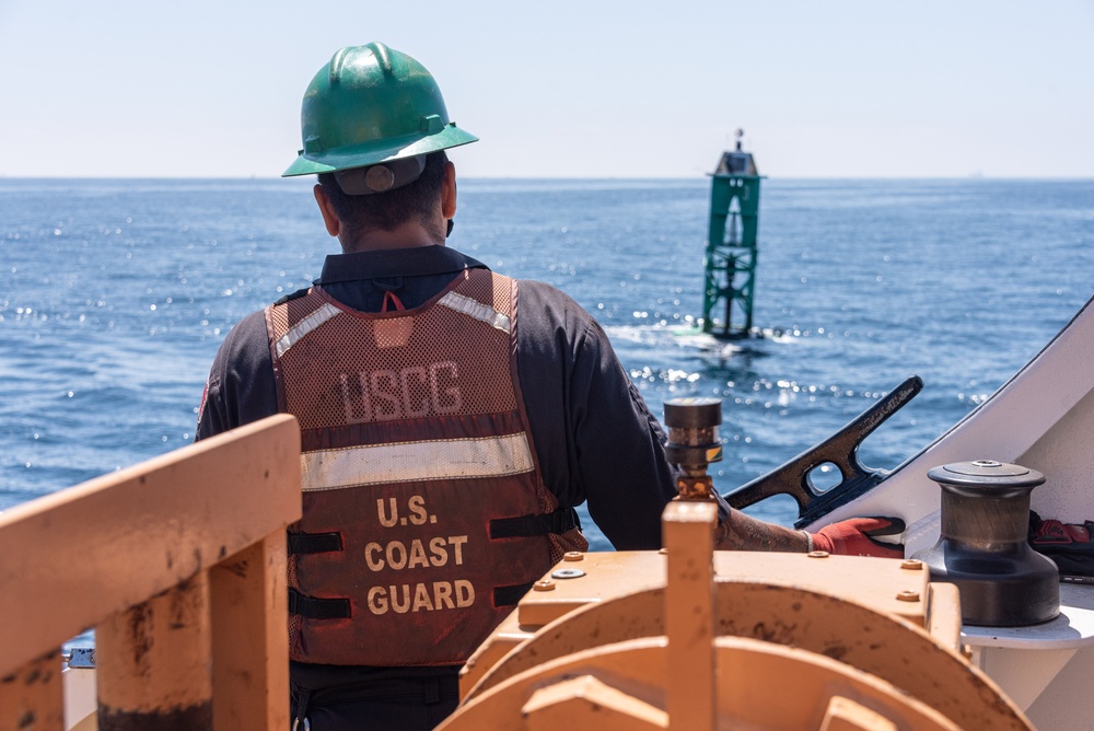 U.S. Coast Guard Buoy Tender George Cobb completes buoy swap operation off the coast of San Pedro, California.