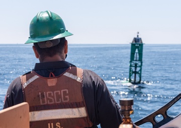 U.S. Coast Guard Buoy Tender George Cobb completes buoy swap operation off the coast of San Pedro, California.