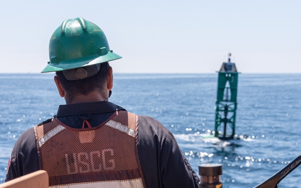 U.S. Coast Guard Buoy Tender George Cobb completes buoy swap operation off the coast of San Pedro, California.