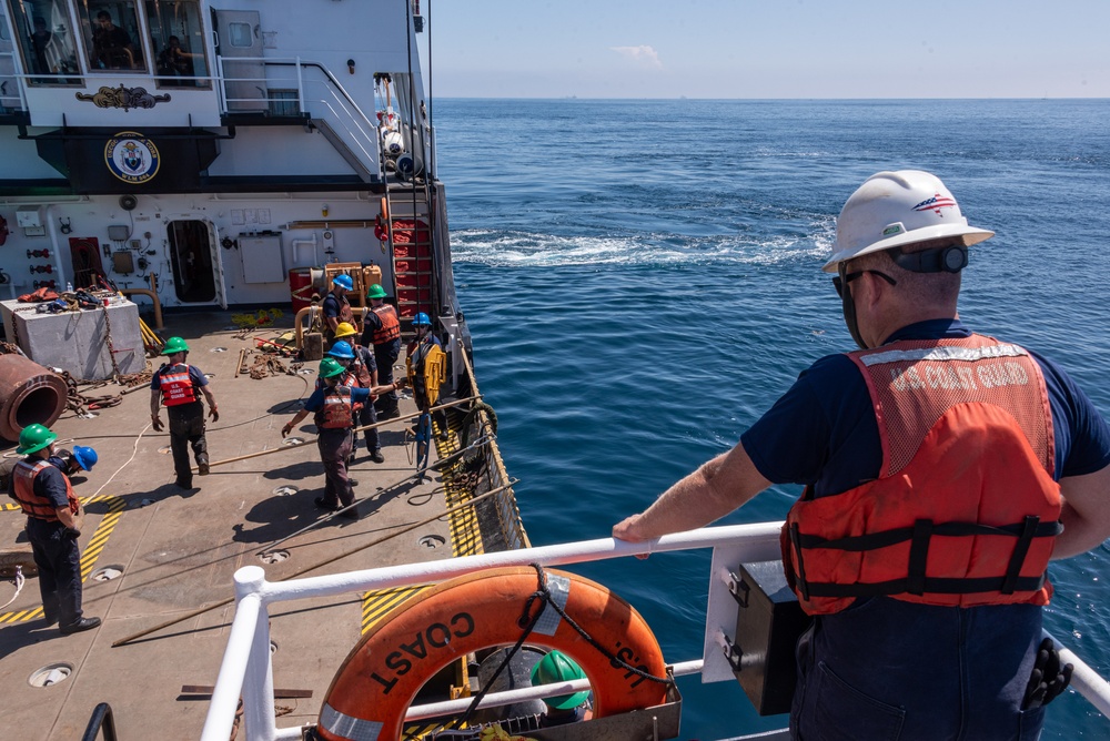 U.S. Coast Guard Buoy Tender George Cobb completes buoy swap operation off the coast of San Pedro, California.