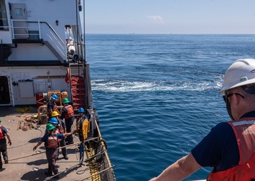 U.S. Coast Guard Buoy Tender George Cobb completes buoy swap operation off the coast of San Pedro, California.